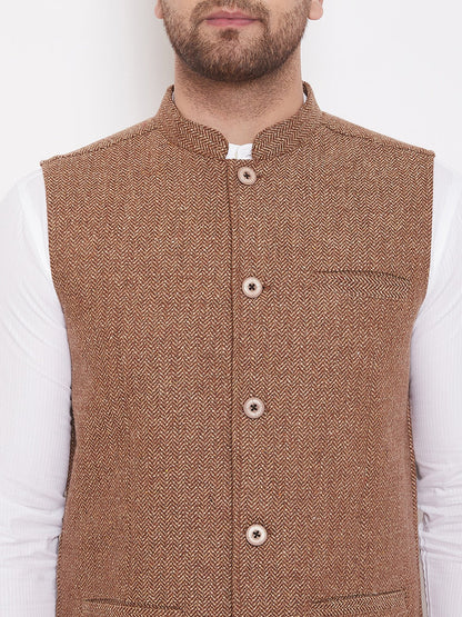 Men's Brown Woolen Tweed Nehru Jacket