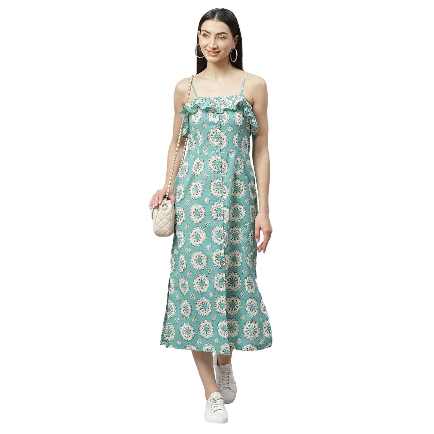 Women's Blue Cotton Printed Sleeveless Srep Neck Casual Dress