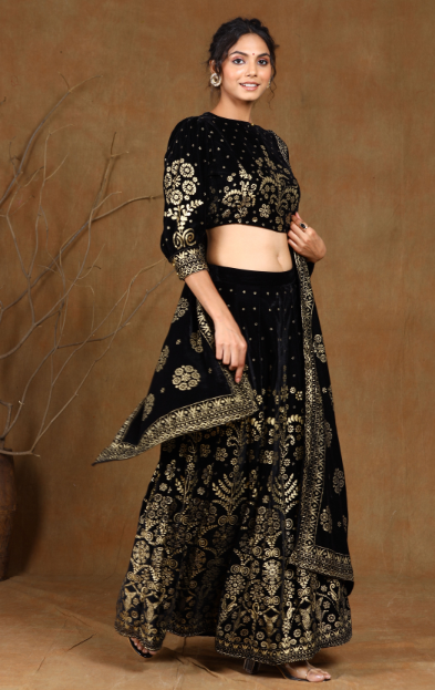 Women's Black Velvet Printed Lehenga Choli Dupatta Set