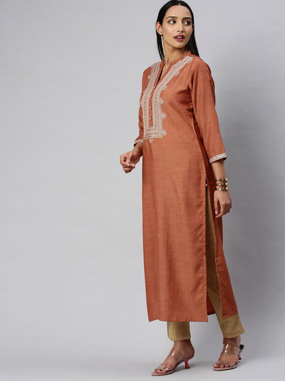 Women's KSUT Rust And Cream Mirror Work Embroidery Yoke Kurta With 3/4Th Sleeves
