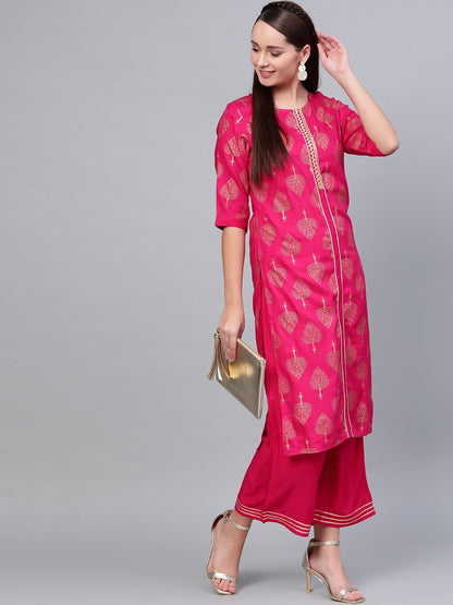 Women Pink Cotton Printed Kurta Palazzo Set by Myshka (