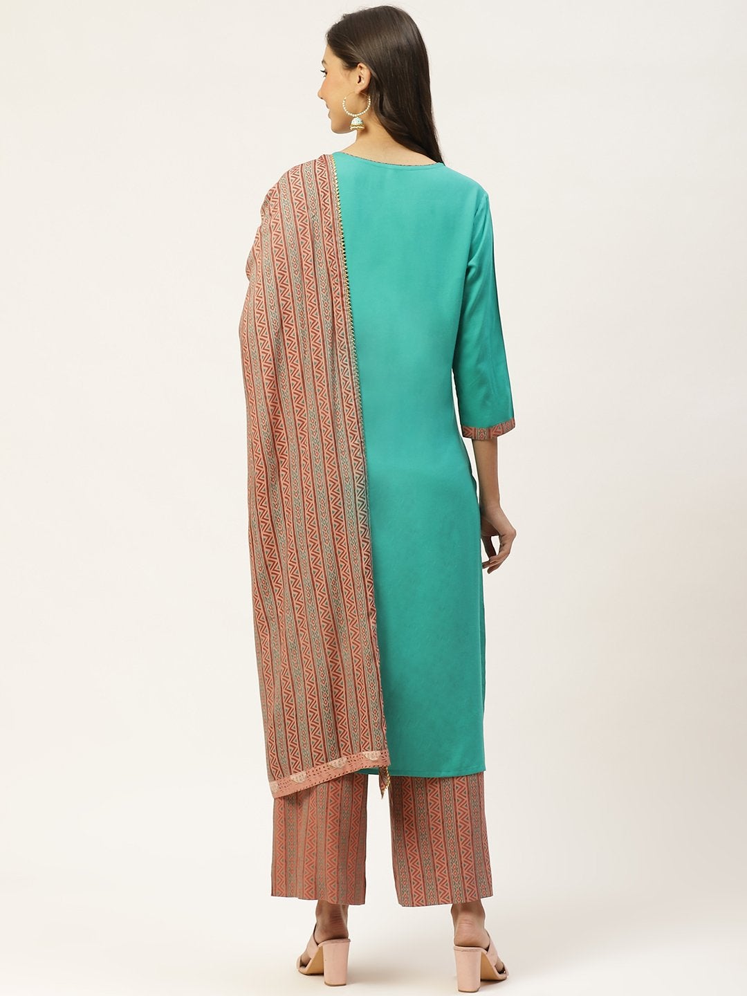 Women's Blue Solid Kurta with Ethnic Motifs Hand Printed Palazzos & Dupatta