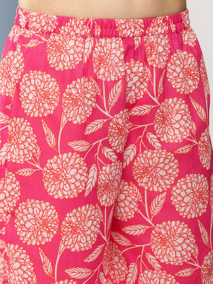Women's Pink Floral Print A- Line Kurta With Lace Detailing & Pink Floral Print Trousers