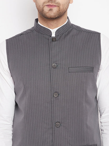 Men's Grey Color Woven Nehru Jacket