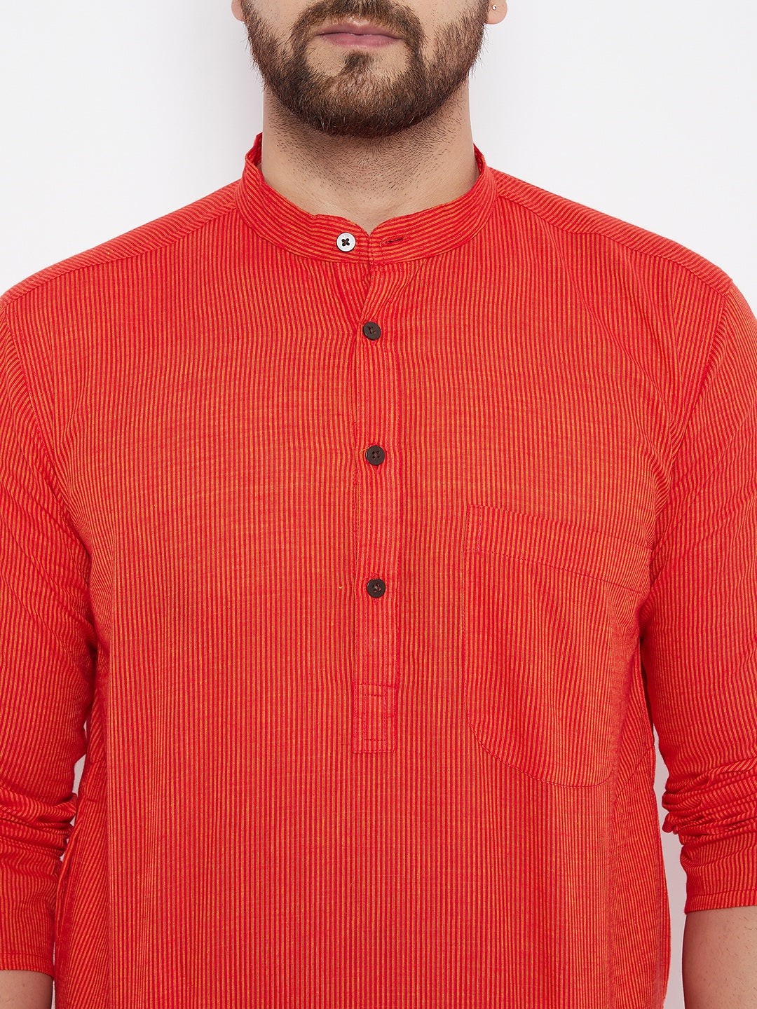 Men's Cotton Striped Orange Kurta
