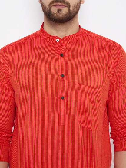 Men's Cotton Striped Orange Kurta