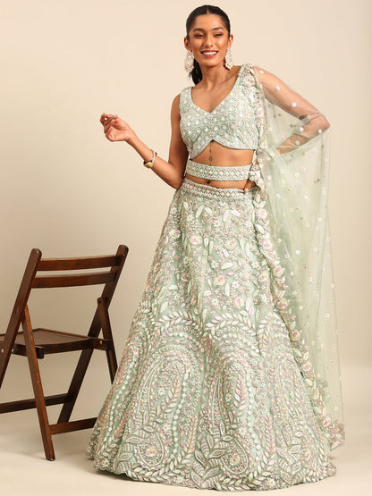 Women 's Sea green Net Multi Sequins with heavy Zarkan embroidery Ready to Wear Lehenga choli & Dupatta