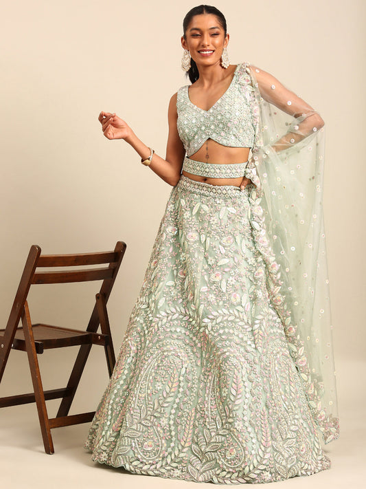 Women 's Sea green Net Multi Sequins with heavy Zarkan embroidery Ready to Wear Lehenga choli & Dupatta