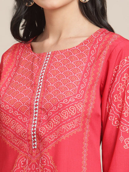 Women's Red And Mustard Printed Kurta With Gota Work On Yoke
