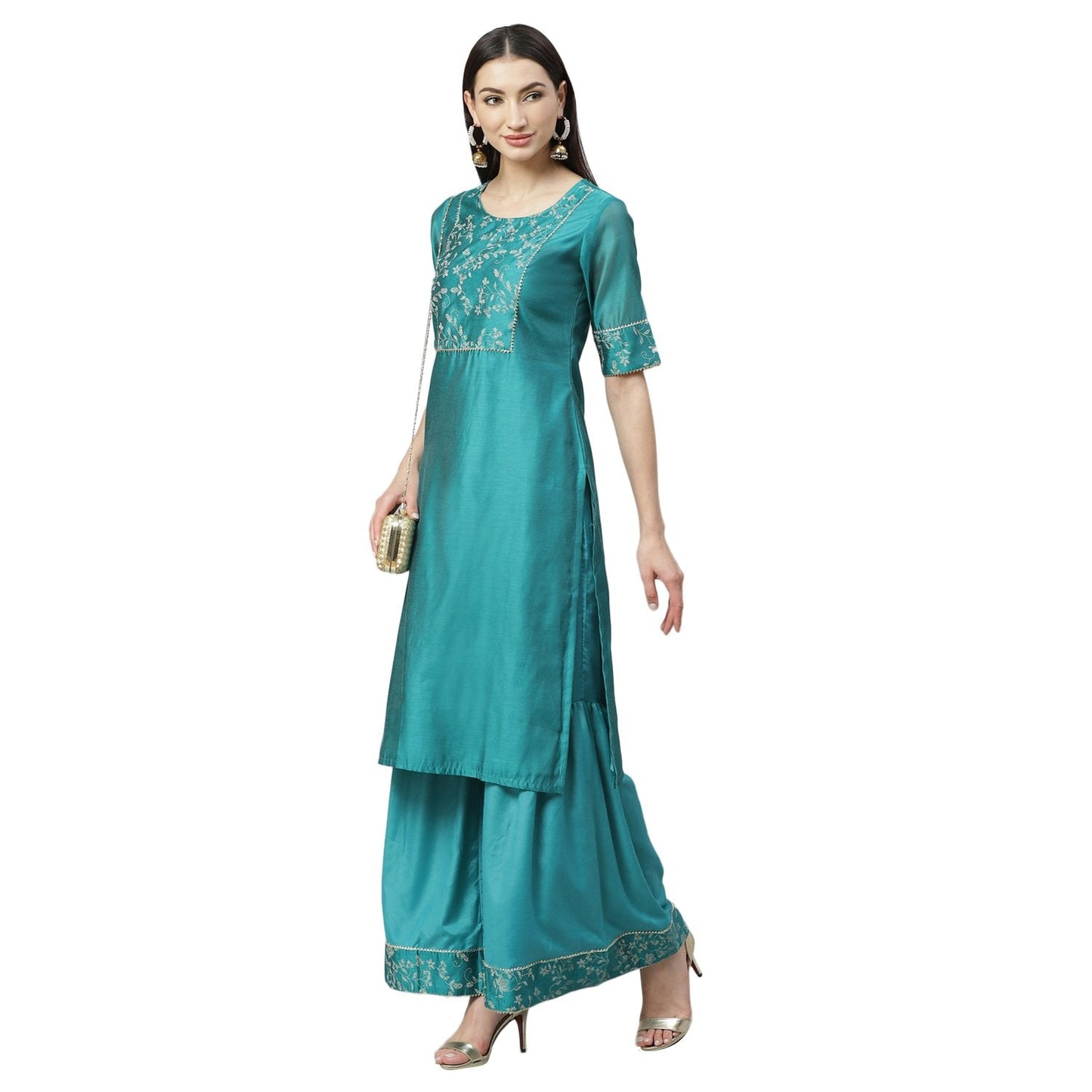 Women's Rama Green Chanderi Printed Half Sleeve Round Neck Casual Kurta Sharara Set