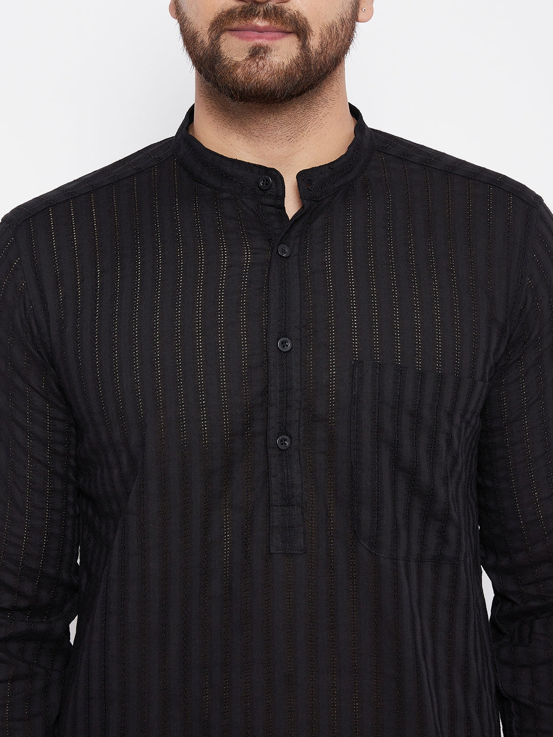 Men's Cotton Striped Black Kurta