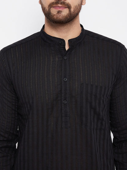 Men's Cotton Striped Black Kurta