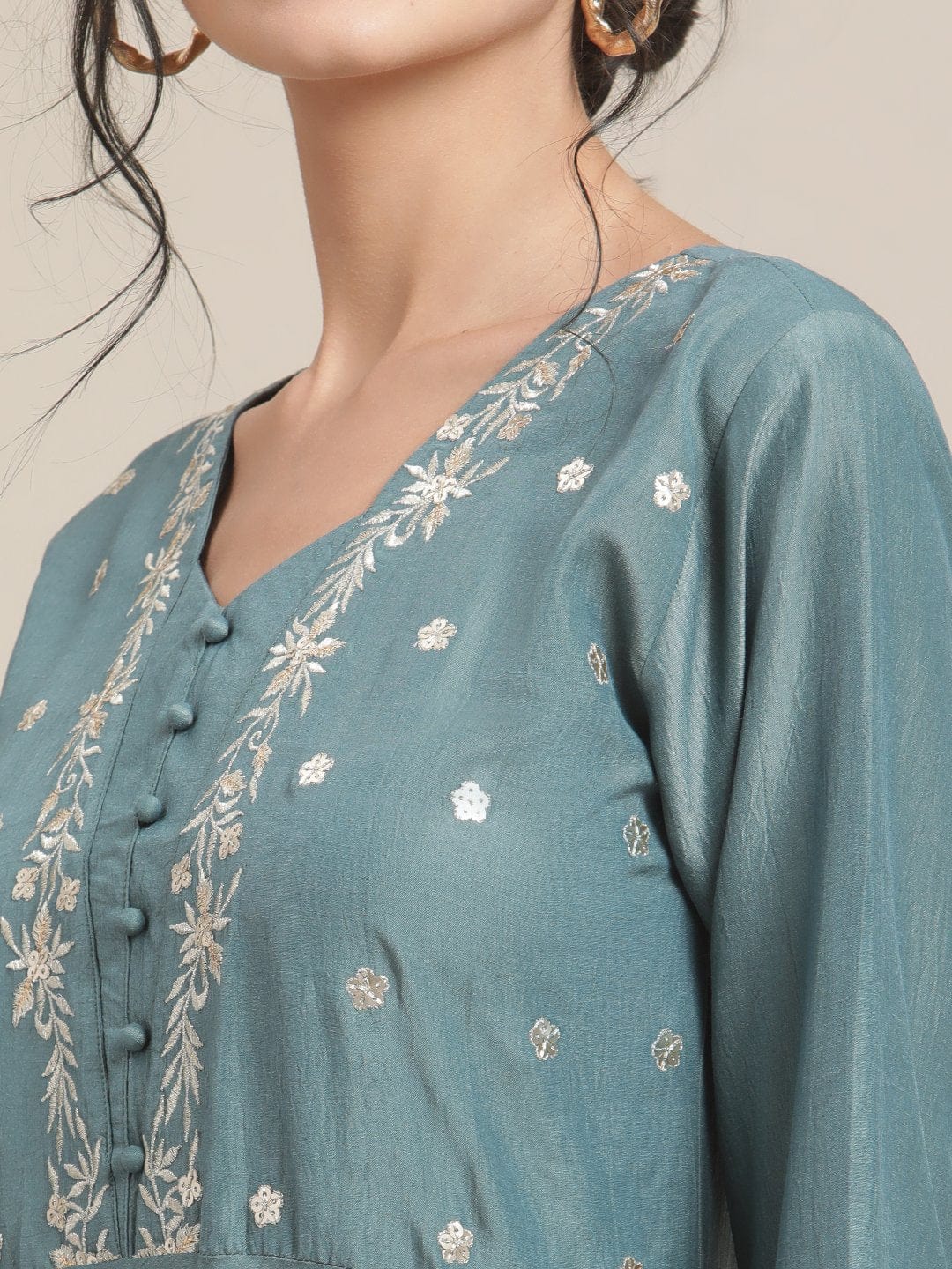 Women's Teal Color Embroidered Circulared Flared Kurta With 3/4Th Sleeves And  Paired With Trouser And Gota Embroidered Dupatta
