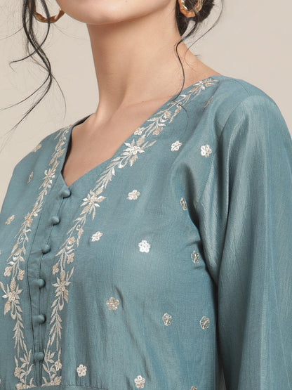 Women's Teal Color Embroidered Circulared Flared Kurta With 3/4Th Sleeves And  Paired With Trouser And Gota Embroidered Dupatta