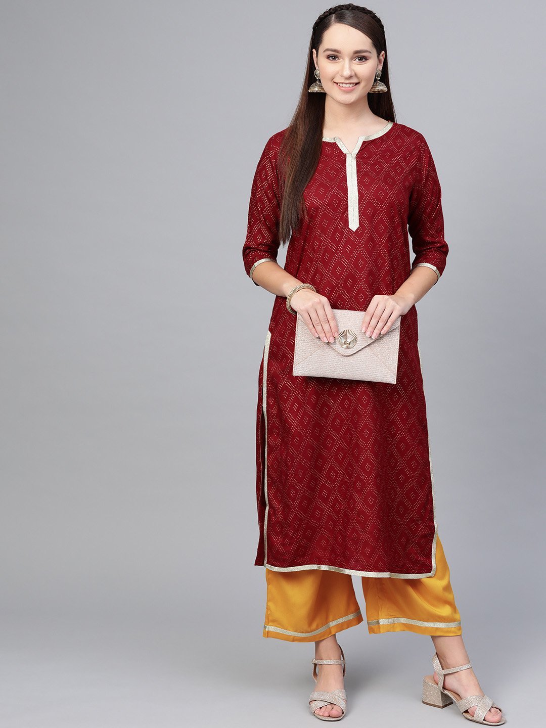Women's Maroon Cotton Printed Half Sleeve Round Neck Casual Kurta Palazzo Set