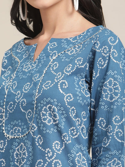 Women's KSUT Blue And White Bandhej Printed Kurta With 3/4Th Sleeves