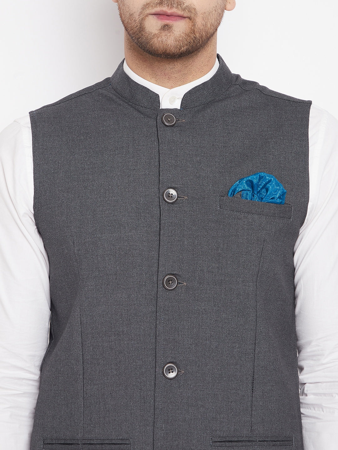 Men's Grey Color Nehru Jacket-Contrast Lining-Free Pocket Square