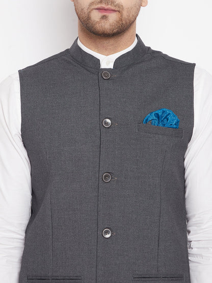 Men's Grey Color Nehru Jacket-Contrast Lining-Free Pocket Square