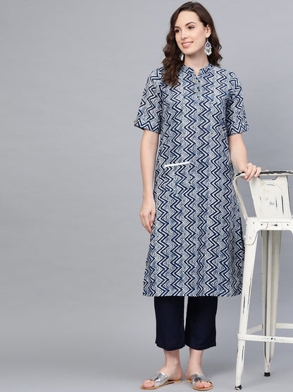 Women's Navy Blue Cotton Solid Full Sleeve Round Neck Casual Kurta Pant Set