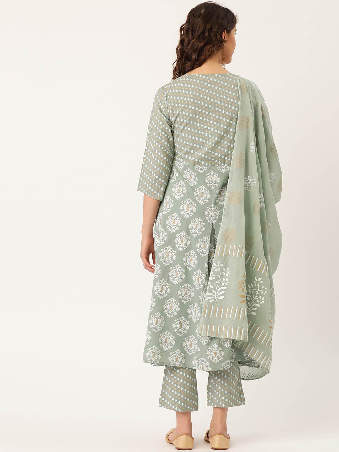 Women's Cotton Gold Printed Suit Set With Dupatta