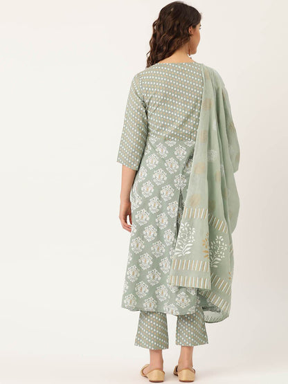 Women's Cotton Gold Printed Suit Set With Dupatta