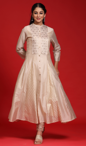 Women's Beige Chanderi Embellished Layered Anarkali Kurta