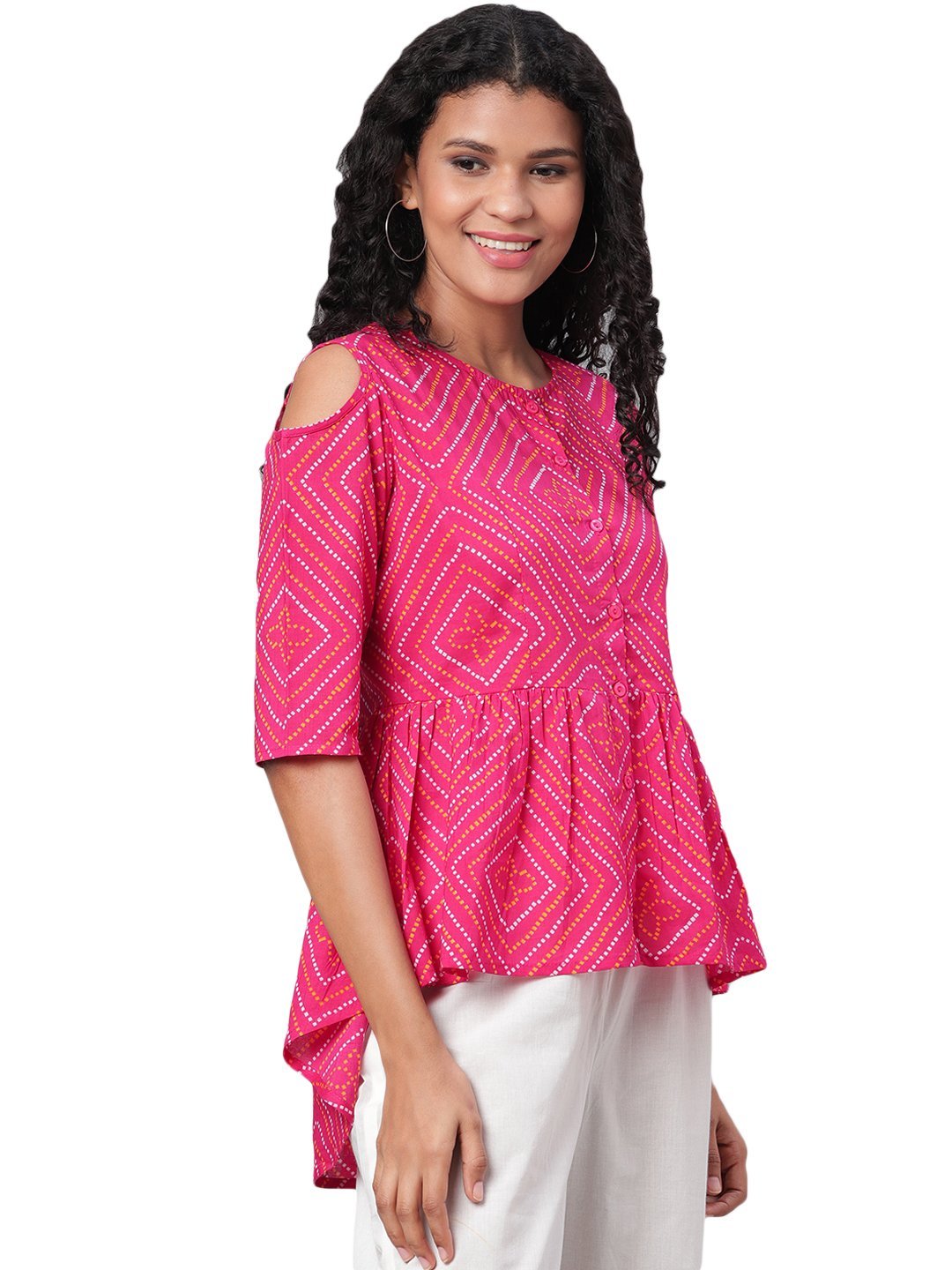 Women Pink Printed Cotton Top by Myshka (