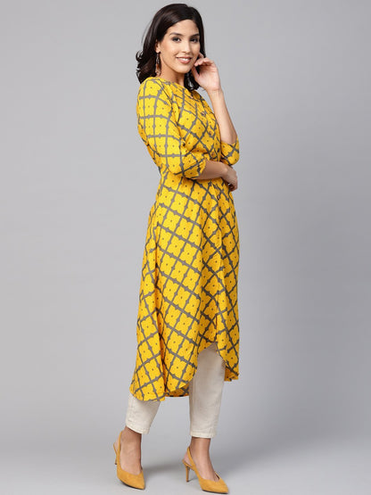 Women's Yellow Cotton Printed 3/4 Sleeve Coller Neck Dress