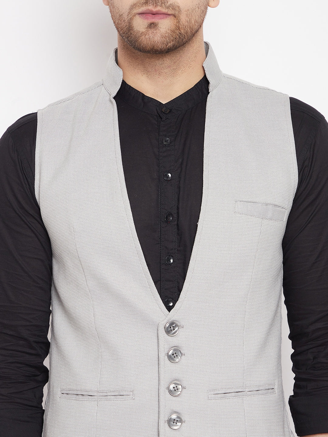 Men's Grey Color Woven Nehru Jacket