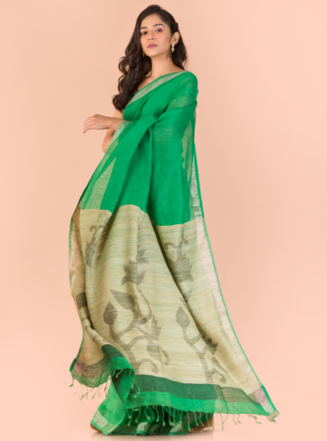 Women's Green Linen jamdani saree