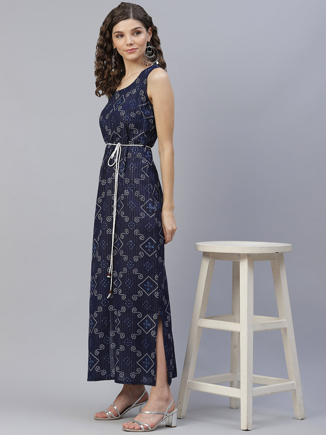 Women's Navy Blue Bandhani Print Maxi Dress