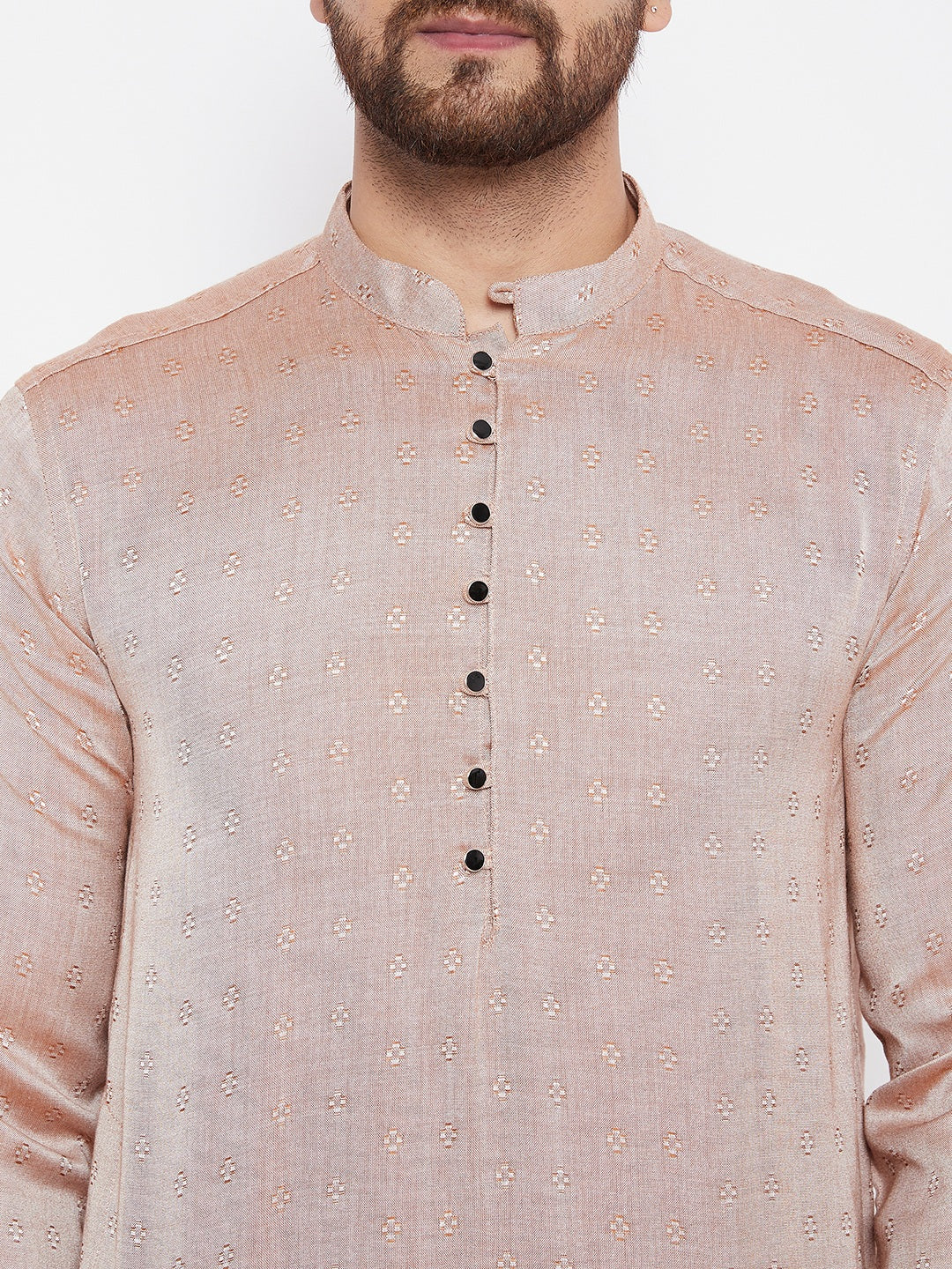 Men's Woven Design Off Beige Straight Kurta
