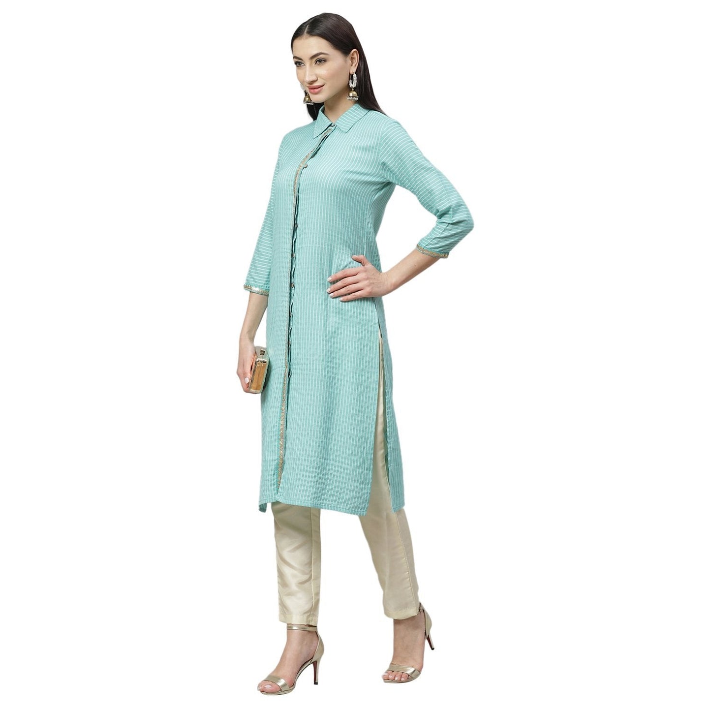 Women's Green Cotton Check 3/4 Sleeve Shirt Collar Casual Kurta Only