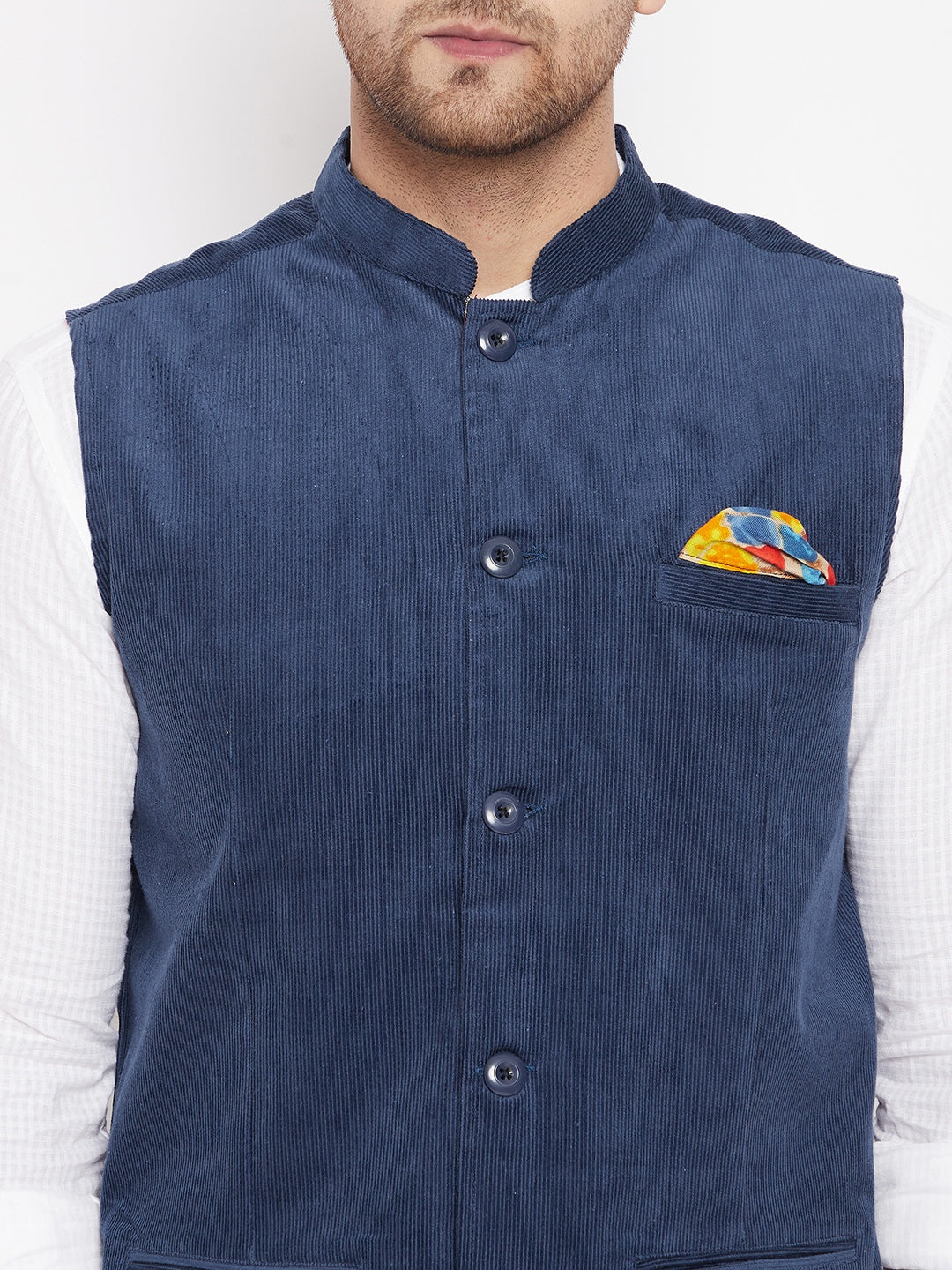 Men's Blue Color Nehru Jacket-Contrast Lining-Inbuilt Pocket Square