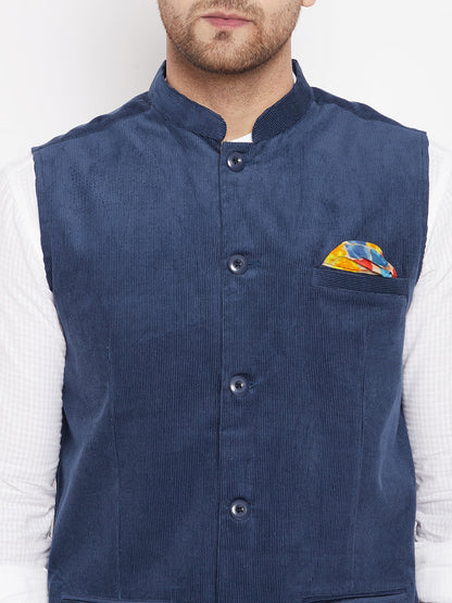 Men's Blue Color Nehru Jacket-Contrast Lining-Inbuilt Pocket Square