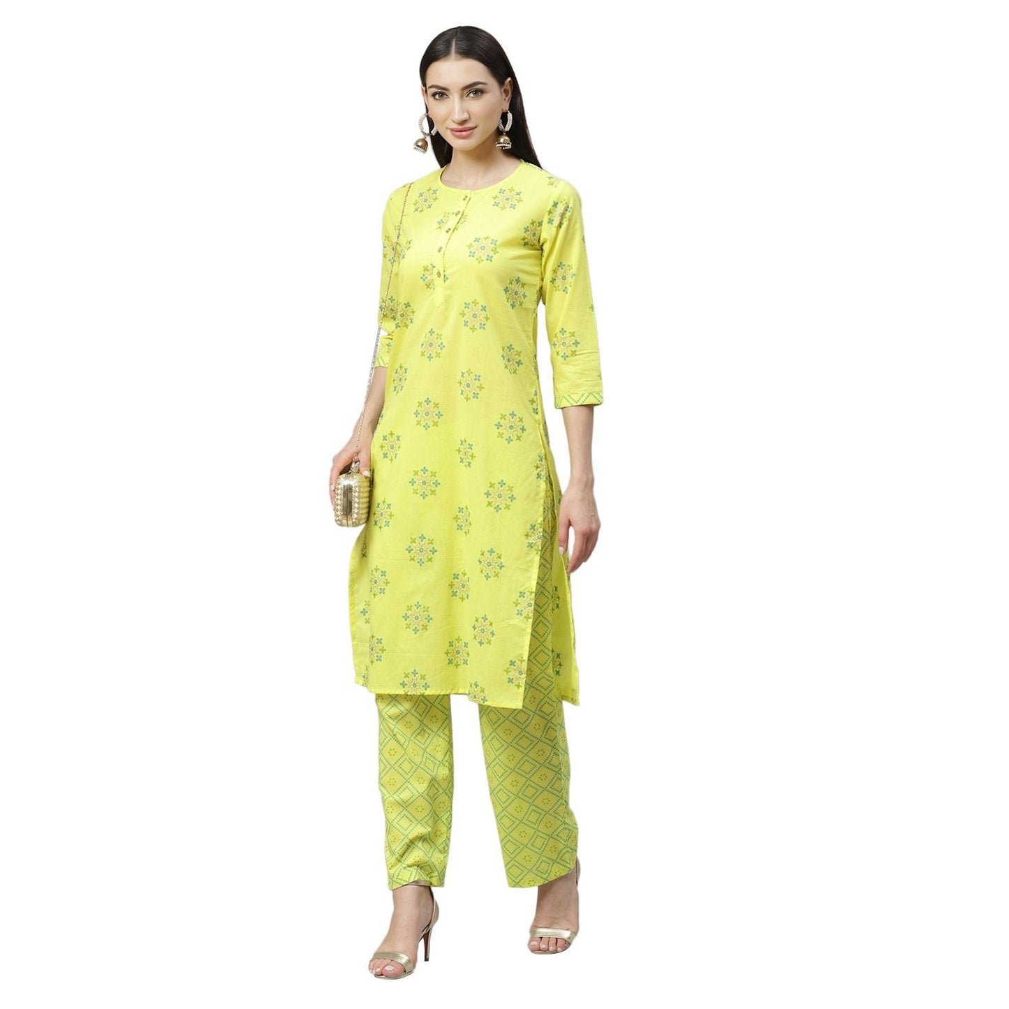 Women's Yellow Cotton Printed 3/4 Sleeve Round Neck Casual Kurta Pant Set