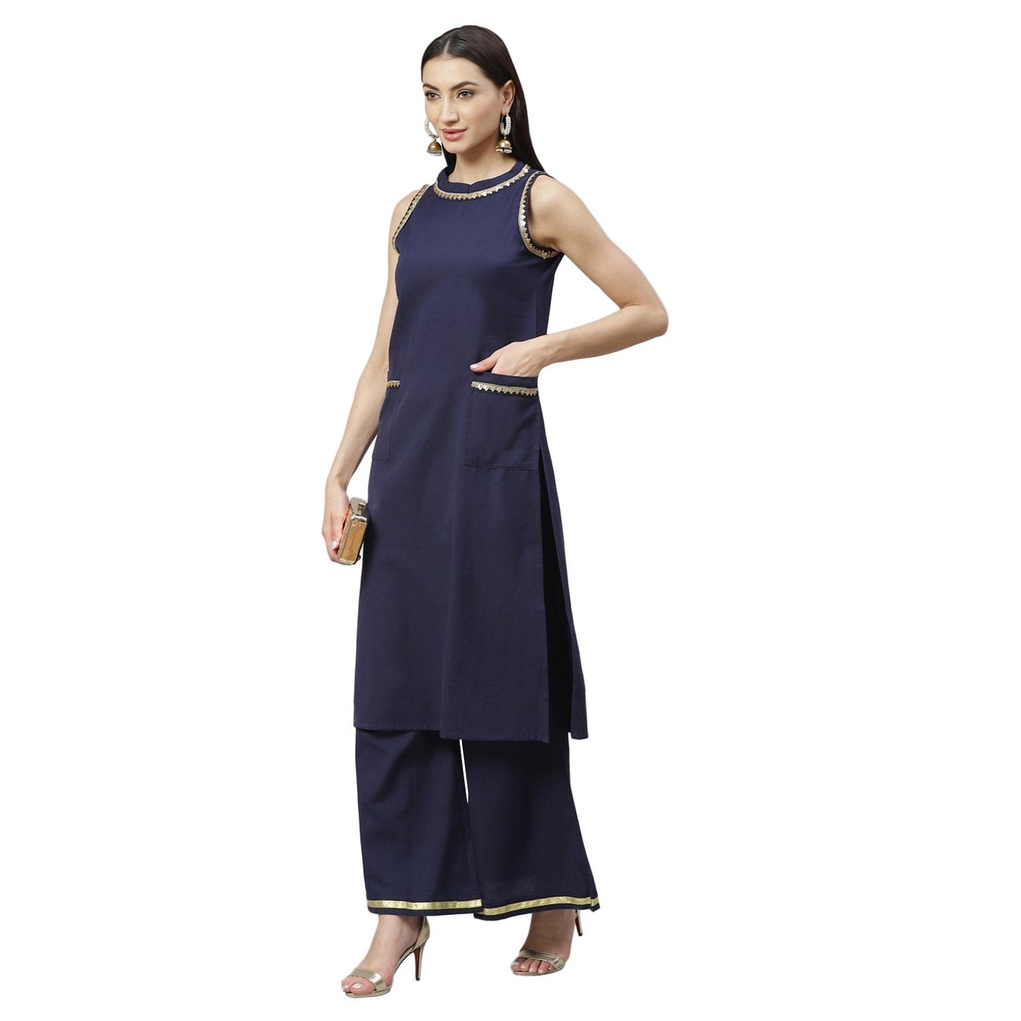 Women's Navy Blue Cotton Solid Sleeveless Round Neck Casual Kurta Palazzo Set