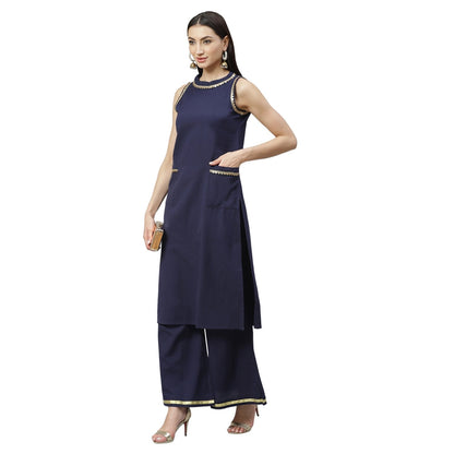 Women's Navy Blue Cotton Solid Sleeveless Round Neck Casual Kurta Palazzo Set