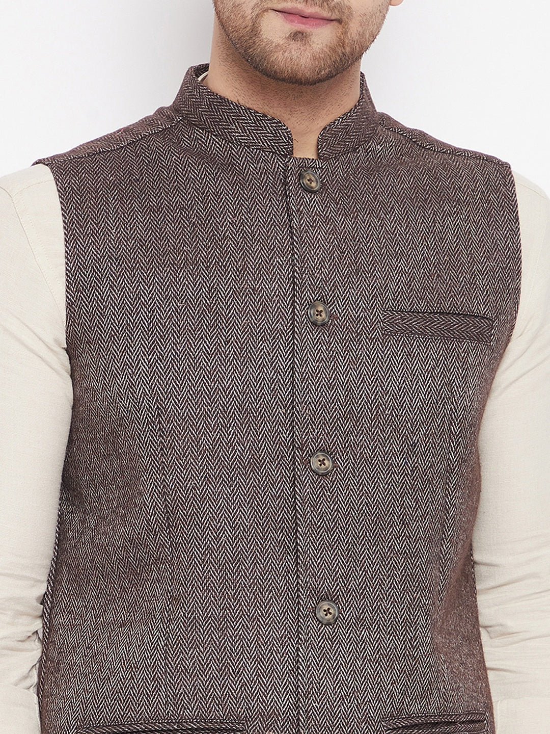 Men's Brown Color Woven Nehru Jacket