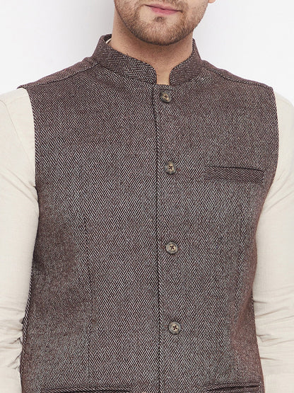 Men's Brown Color Woven Nehru Jacket