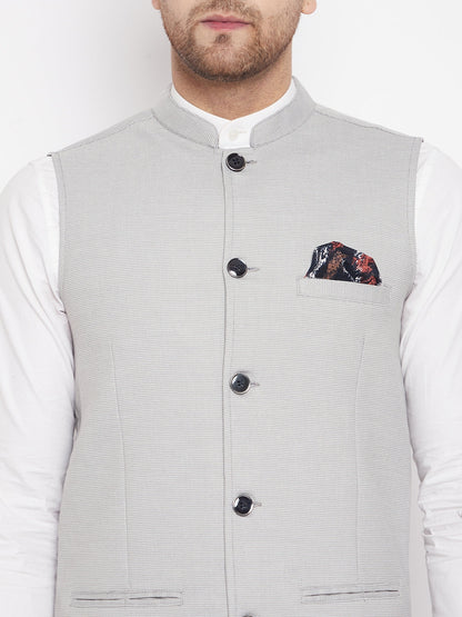 Men's Grey Color Nehru Jacket-Contrast Lining-Free Pocket Square