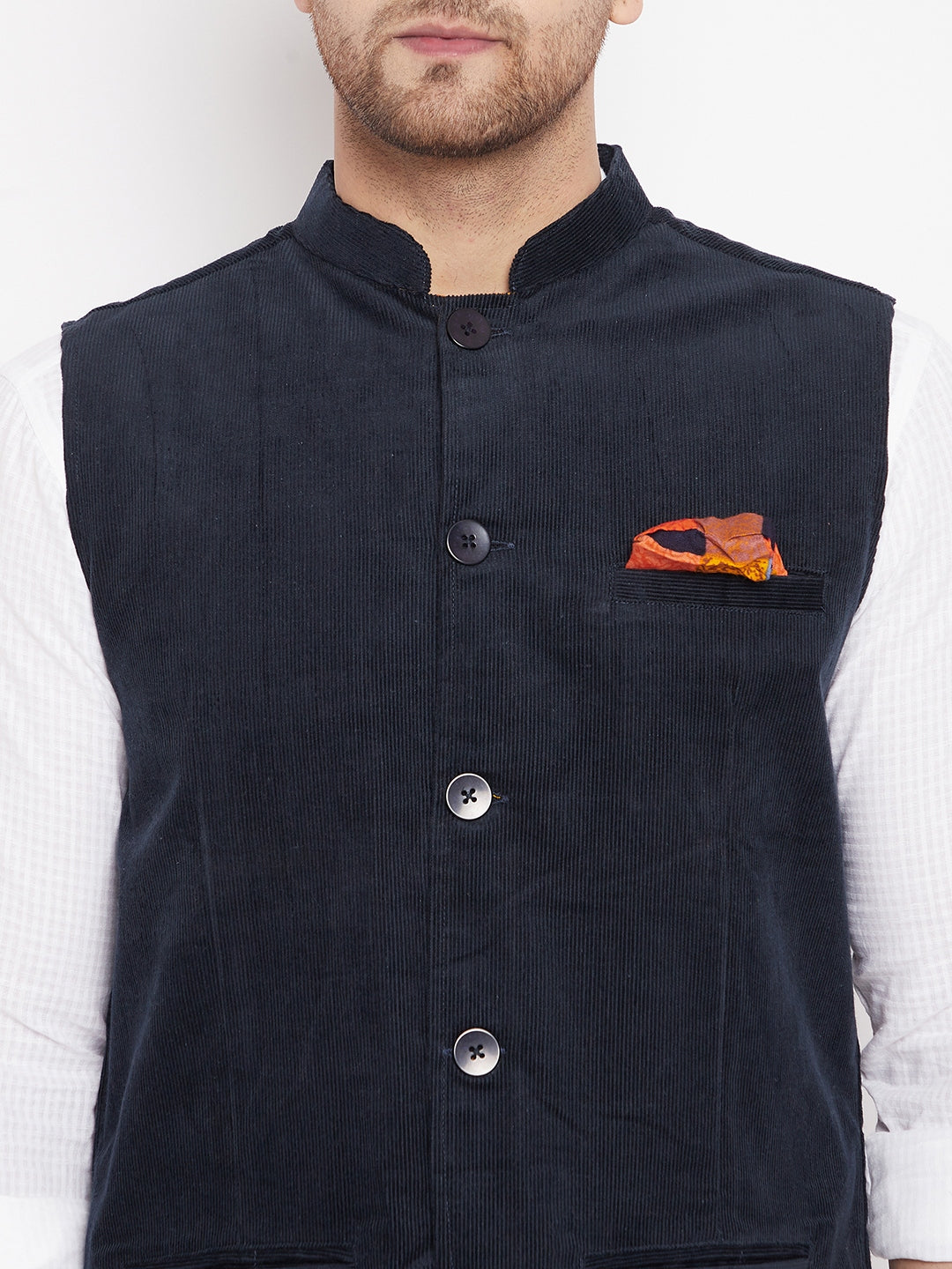 Men's Navy Color Nehru Jacket-Contrast Lining-Inbuilt Pocket Square