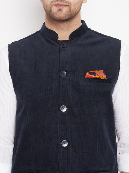 Men's Navy Color Nehru Jacket-Contrast Lining-Inbuilt Pocket Square