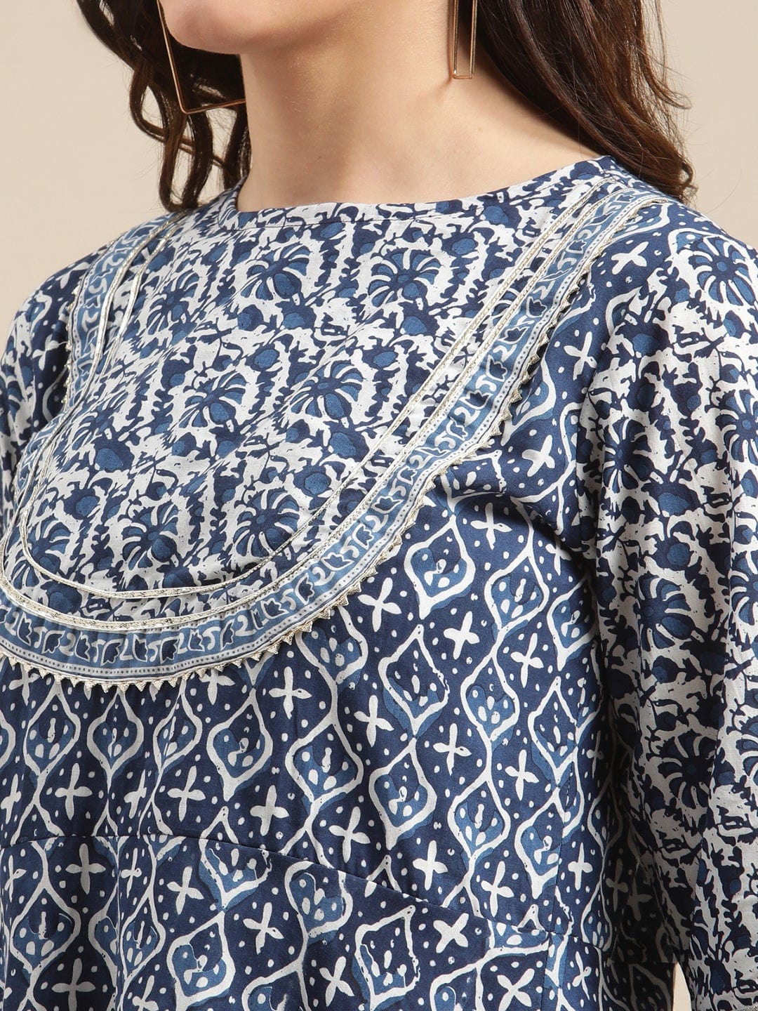 Women's Indigo And White Floral Printed Flared Kurta Sharara Set