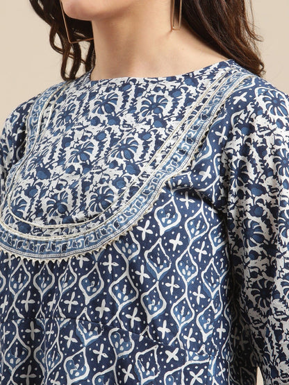 Women's Indigo And White Floral Printed Flared Kurta Sharara Set
