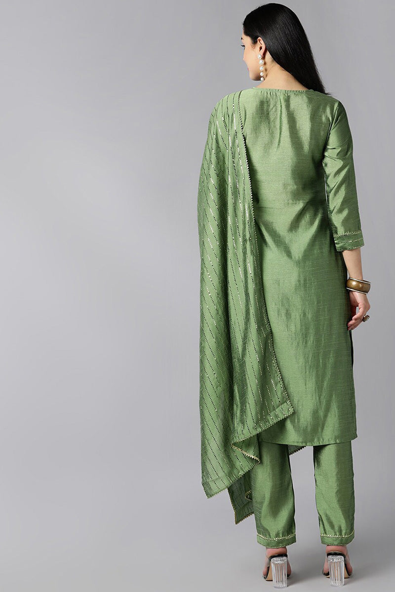 Women's Green Yoke Design Regular Kurta With Pants With Dupatta