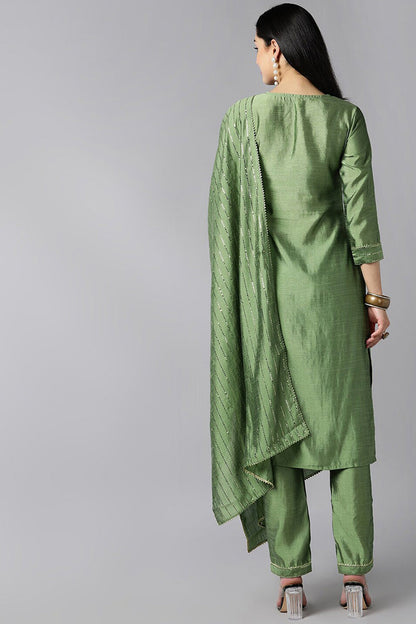 Women's Green Yoke Design Regular Kurta With Pants With Dupatta