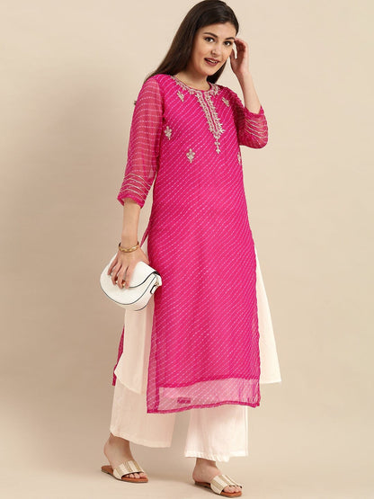 Women's Pink Leheriya Printed Gota Patti Yoke Embroidery Layered Kurta