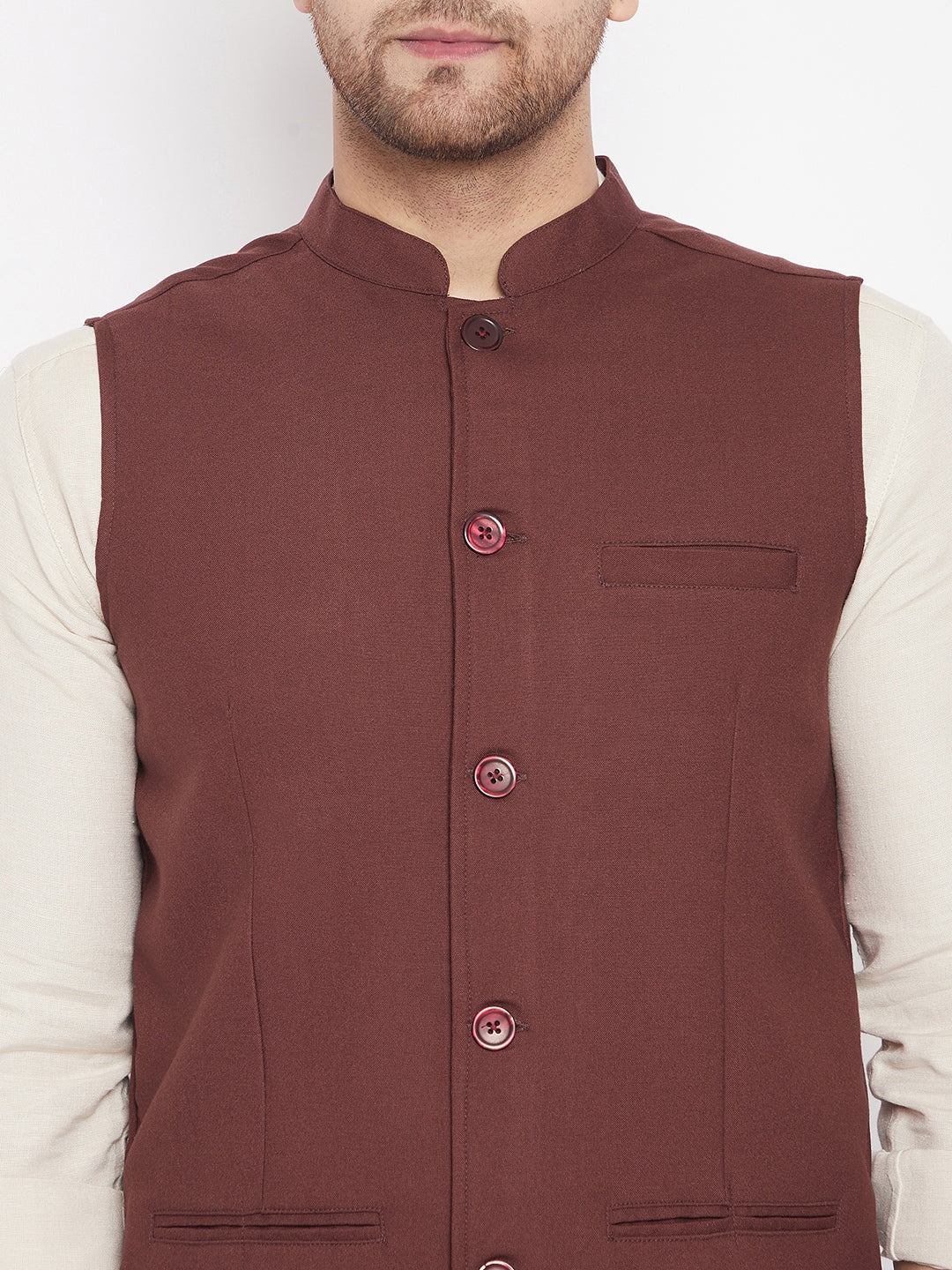 Men's Maroon Color Woven Nehru Jacket