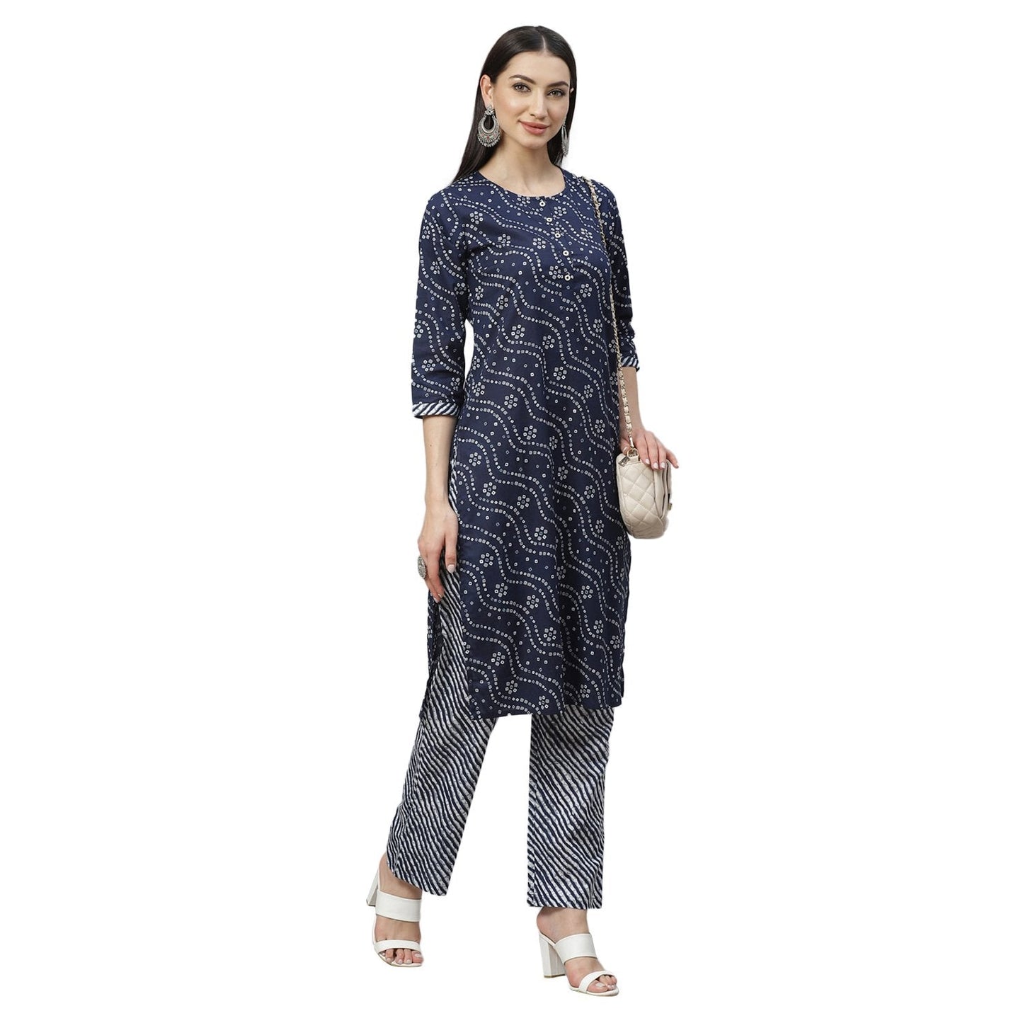 Women's Navy Blue Cotton Printed 3/4 Sleeve Round Neck Casual Kurta Palazzo Set